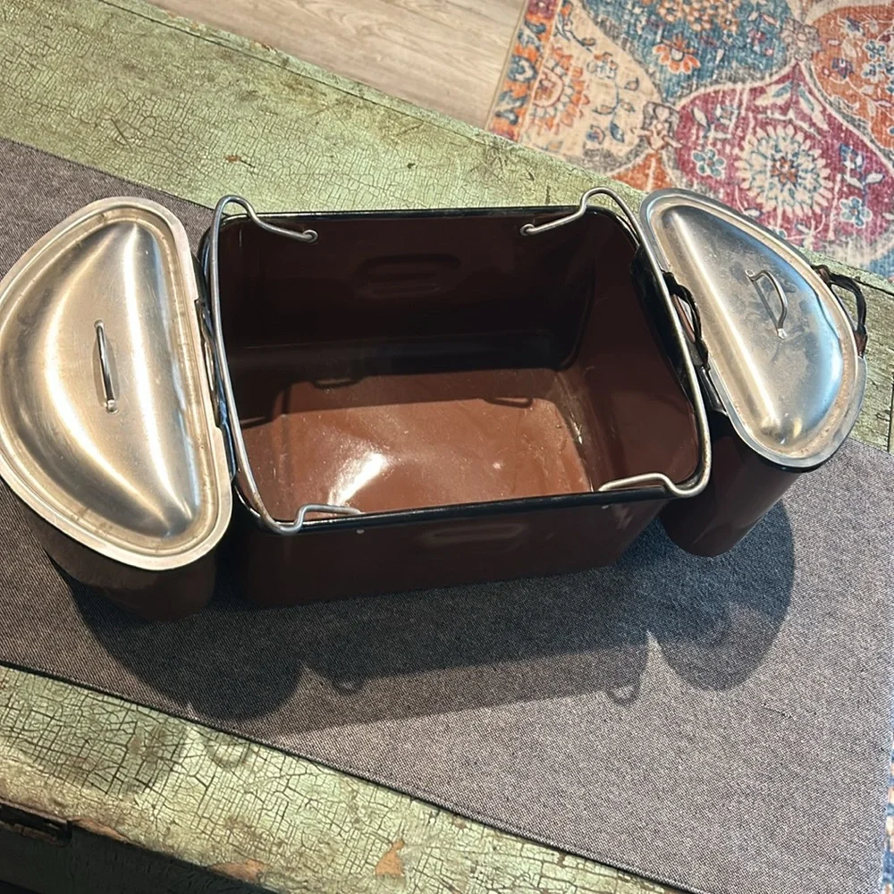 Vintage Unique Enamelware Brown Lunch Pail Box Picnic Camping Tin with Lids